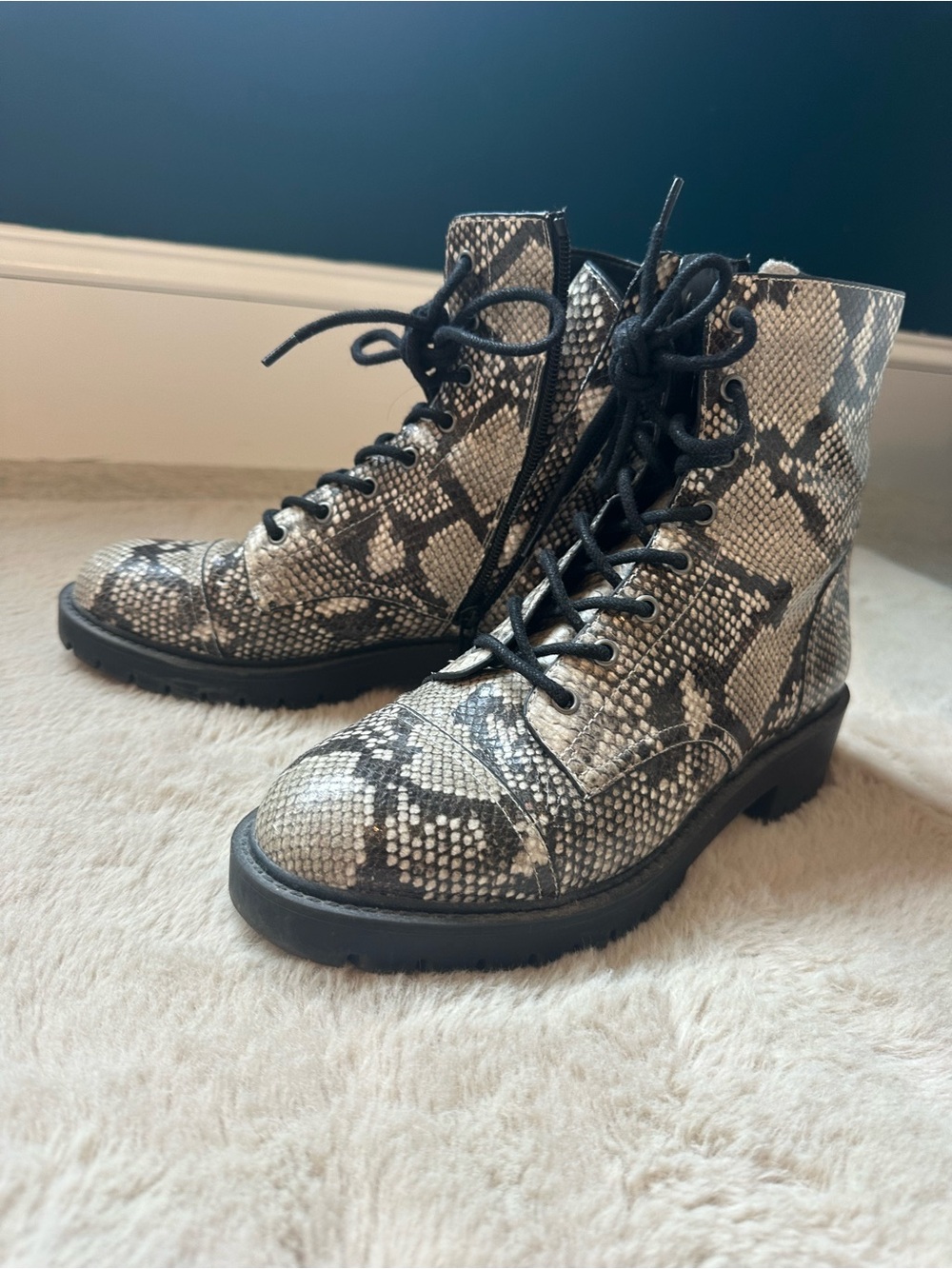 Chelsea and Violet Combat Boots for Women - Black & Cream